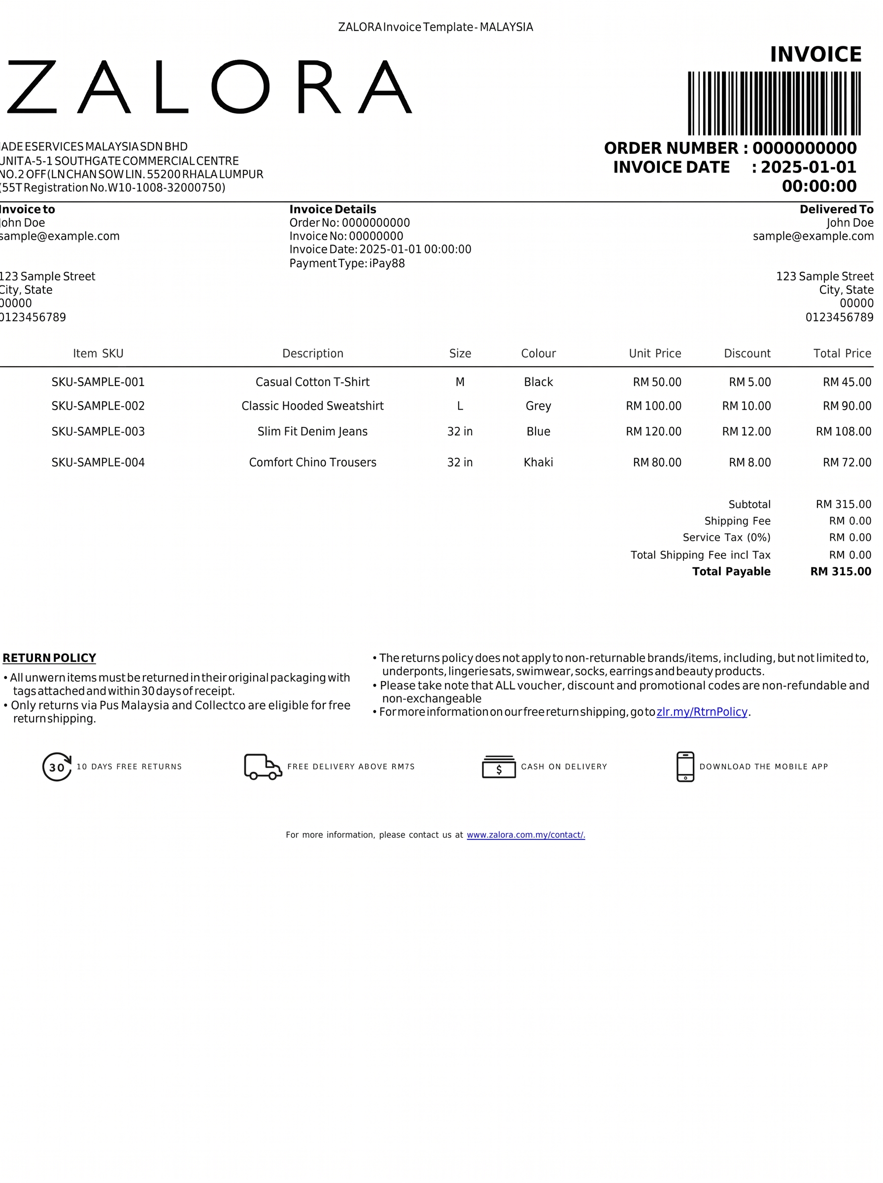 Example of a ZALORA order confirmation showing the order number, order date and total